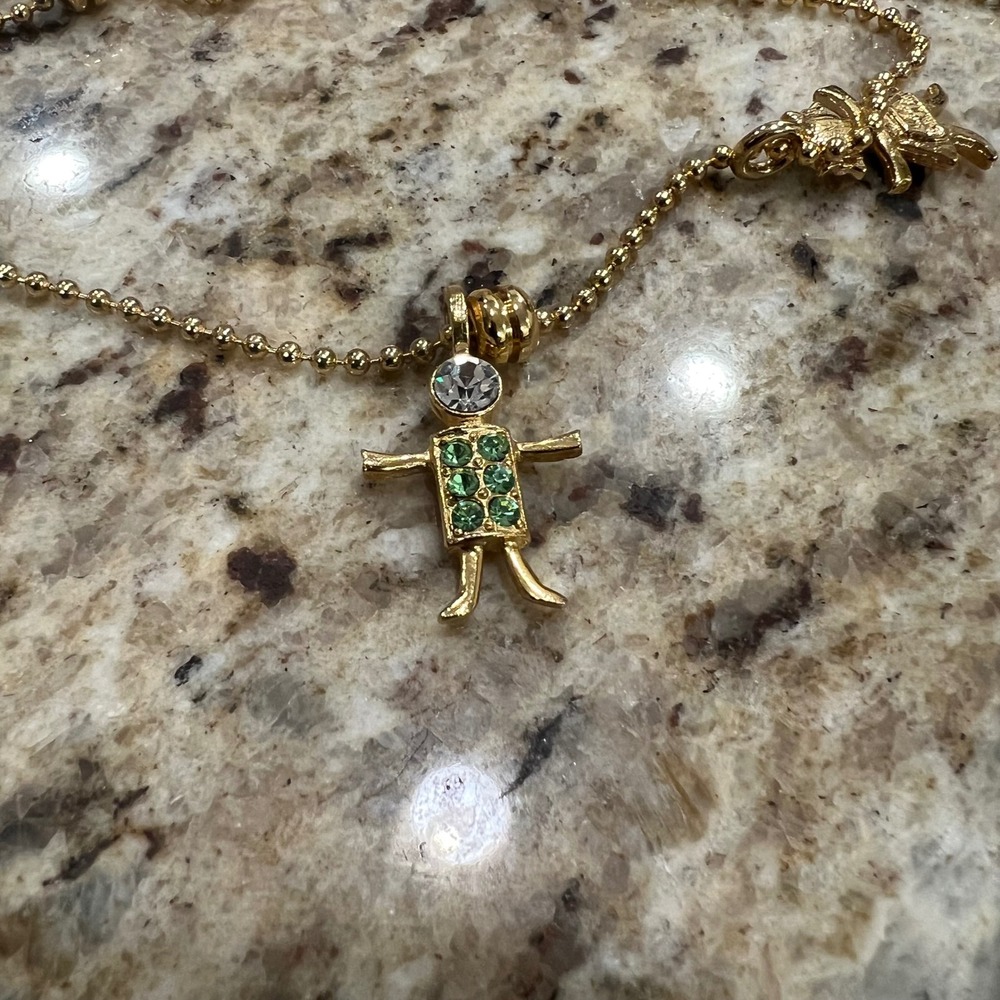 Brat Boy Pendant Necklace Green Crystals Gold Tone May Birthstone